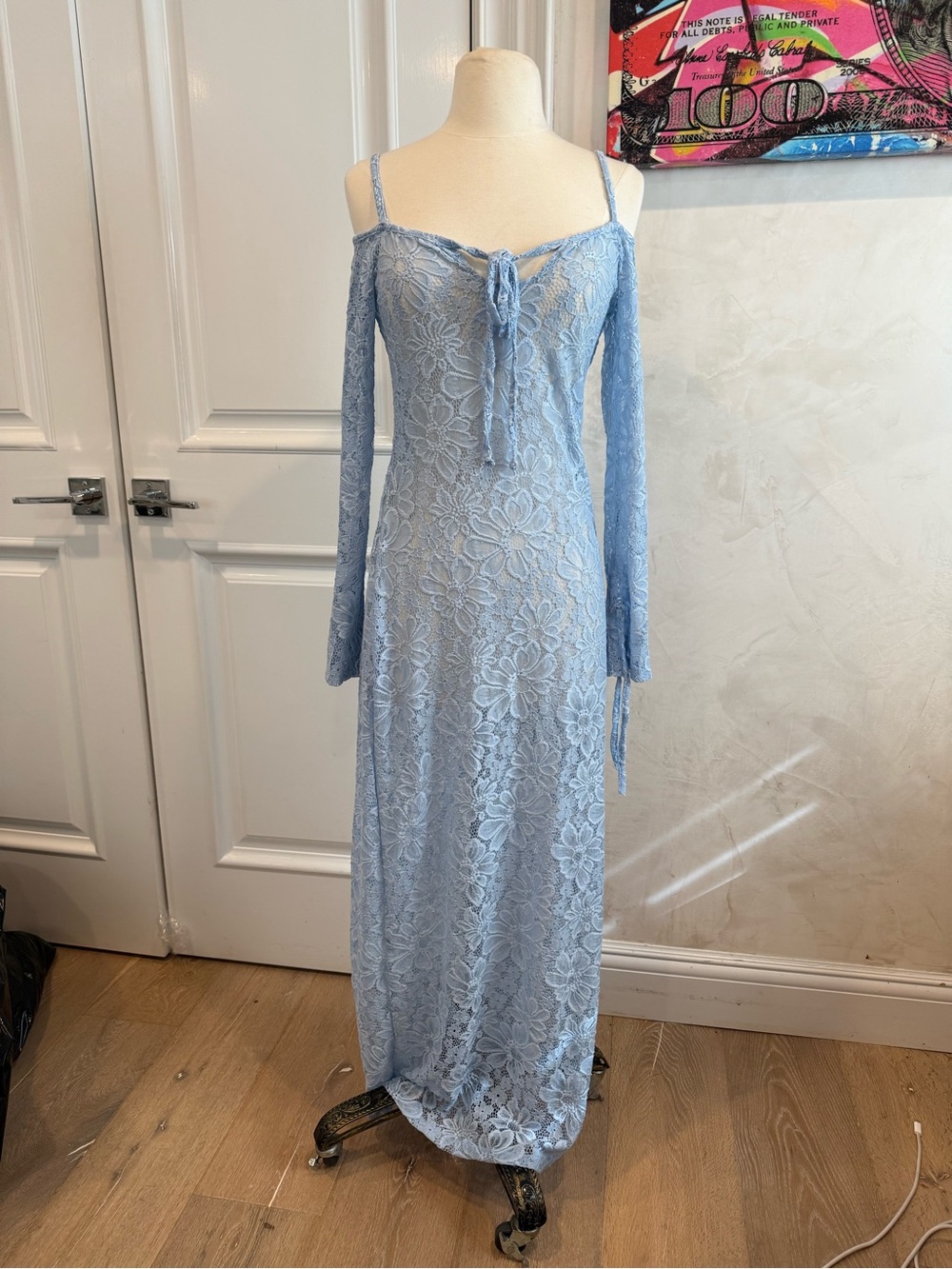 LAAGAM Light Blue Lace Cold-Shoulder sheer Maxi Dress